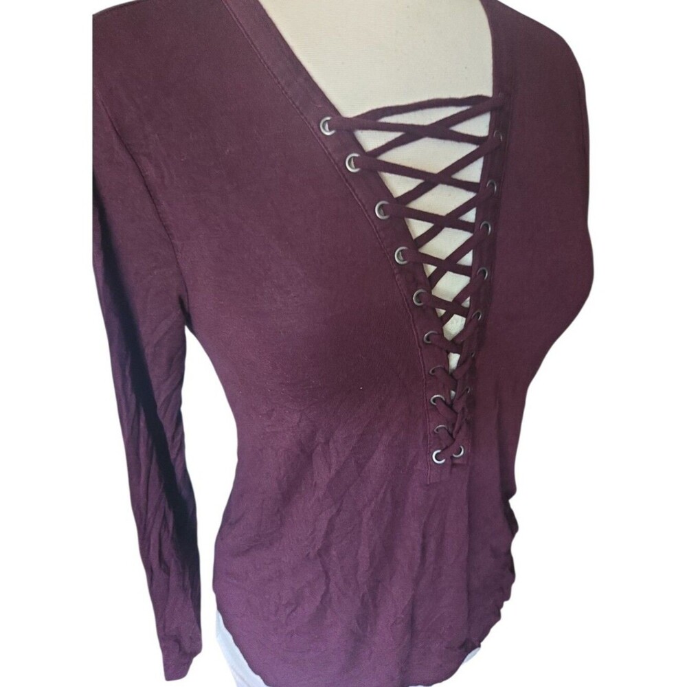 American Eagle Soft & Sexy Maroon Lace-Up V-Neck Long Sleeve Top - S